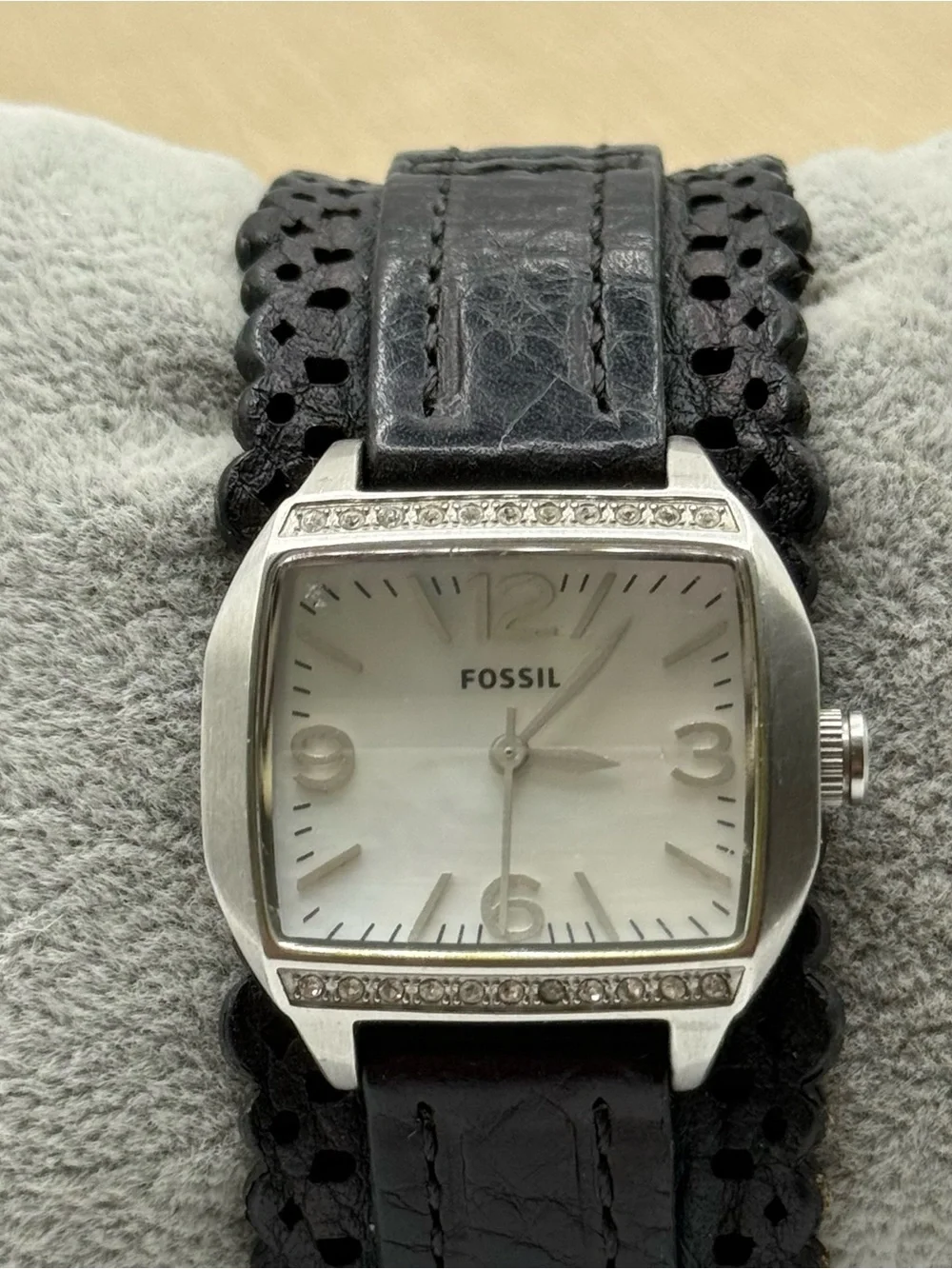 Fossil Black Leather Strap Silver Crystal-Trim Watch